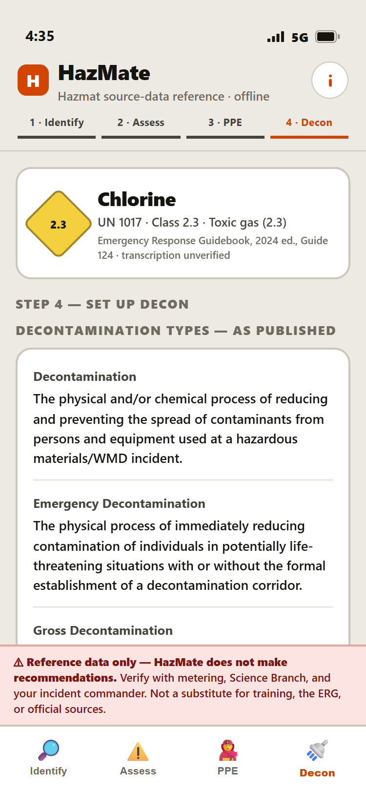 HazMate Decon screen showing NFPA decontamination type definitions as published