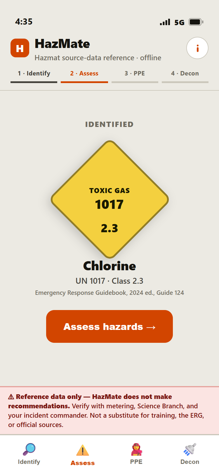 HazMate showing the identified chlorine placard: UN 1017, Class 2.3 toxic gas, ERG Guide 124