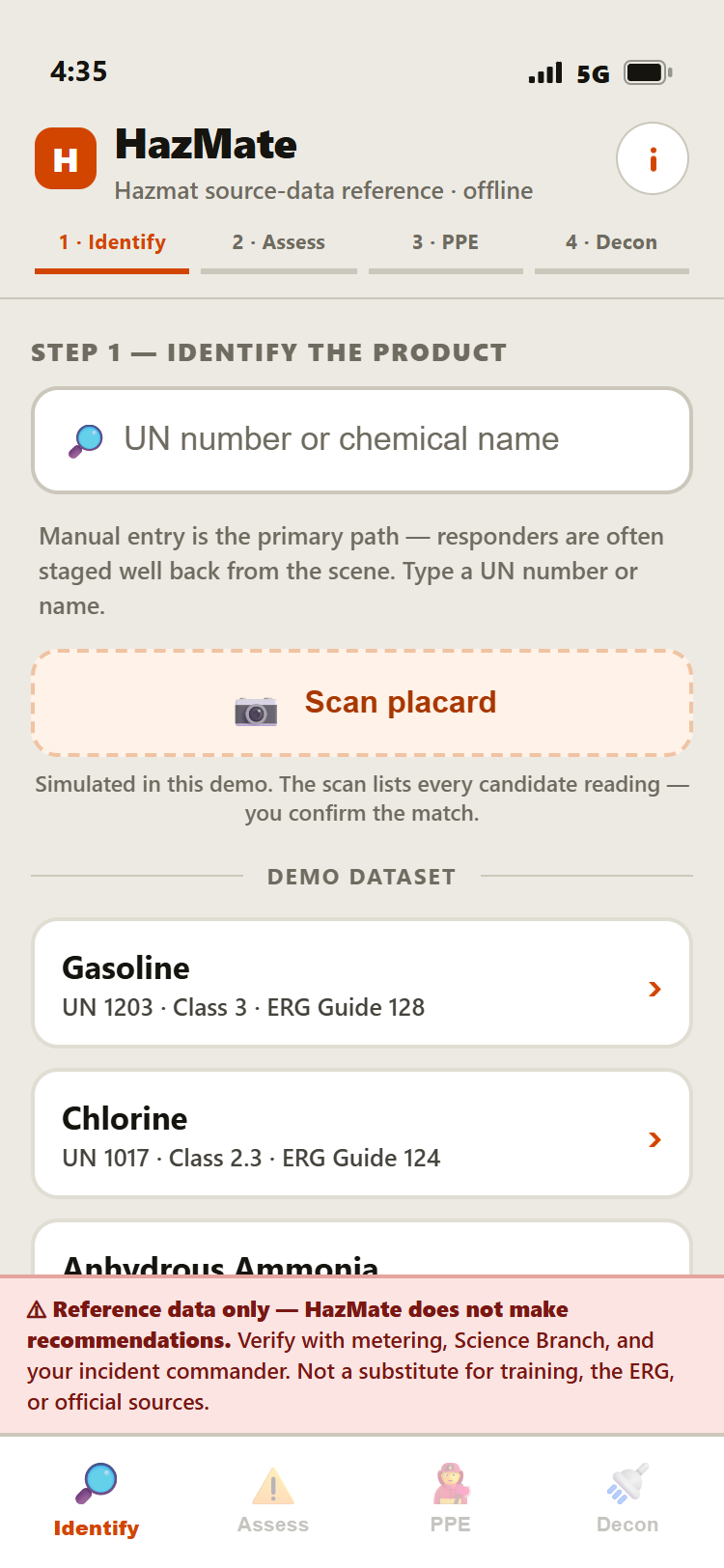 HazMate Identify screen: search by UN number or chemical name, or scan a placard