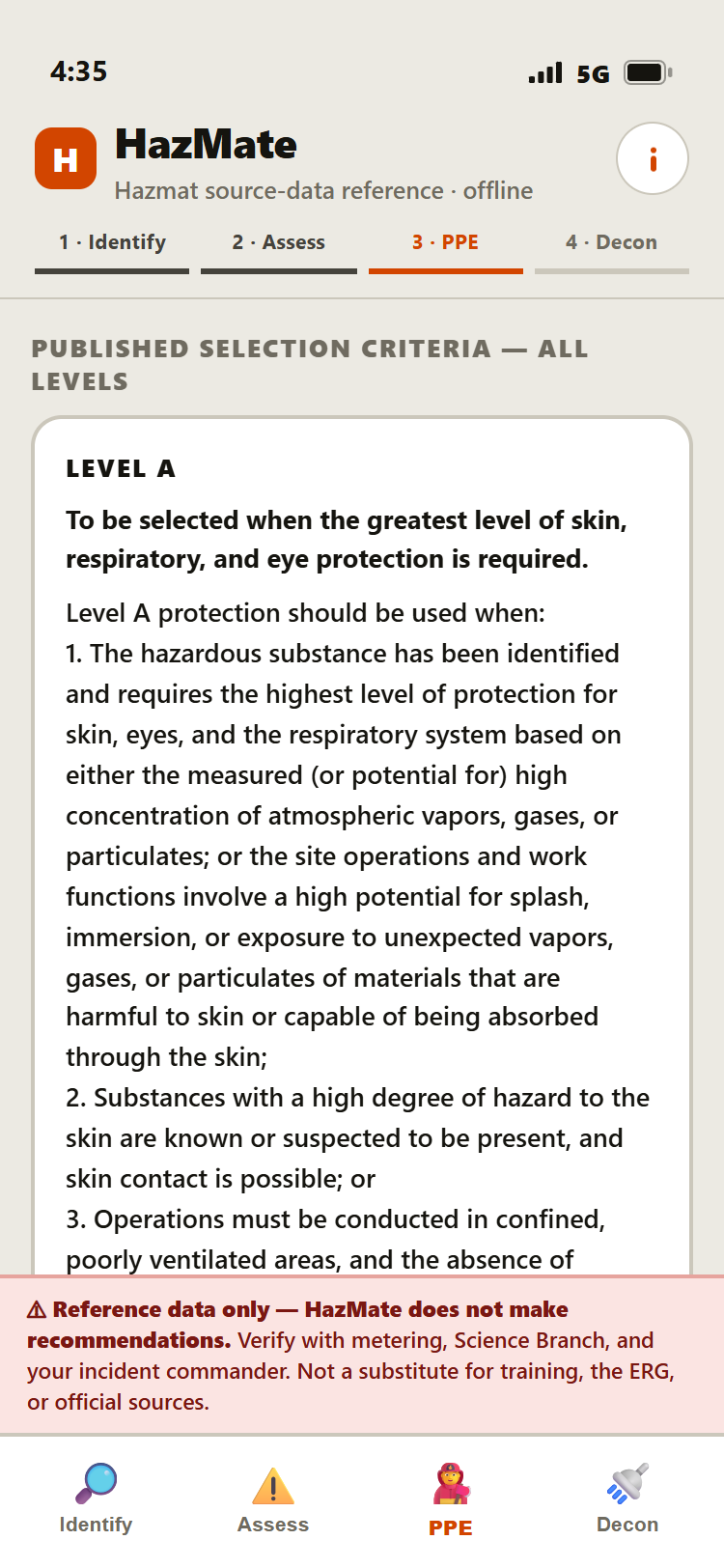 HazMate PPE screen showing OSHA 29 CFR 1910.120 Appendix B Level A selection criteria verbatim